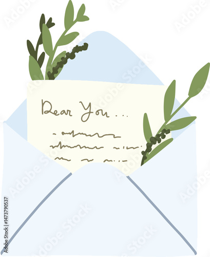 A handwritten note emerging from a soft blue envelope, with delicate botanical accents.