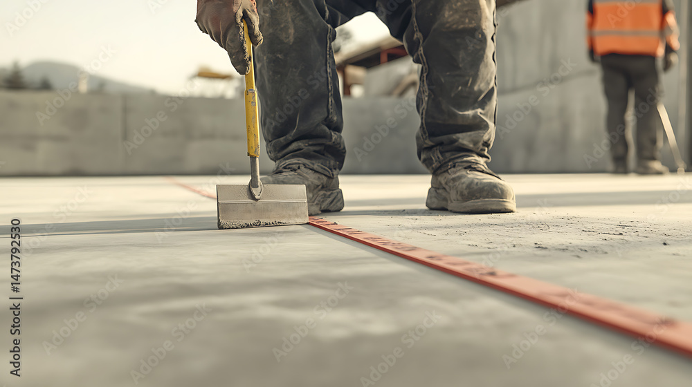 Obraz premium Construction Worker Using Leveling Tool on Concrete Surface