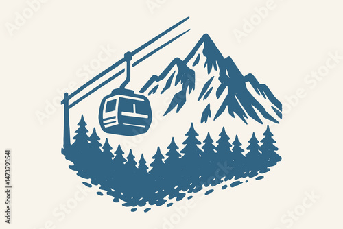 Mountain ski lift and pine trees blue sketch emblem, print