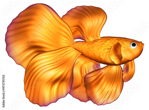 3D illustration of a Veiltail goldfish, distinguished by its extra-long flowing double tail, high sail-like dorsal fin, and elegant appearance.