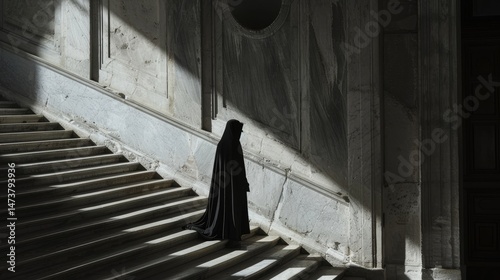 A solitary figure ascends a grand stone stairway.