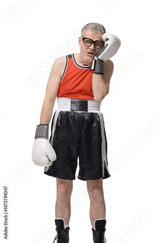 Desperate boxer touching his painful face after getting punched