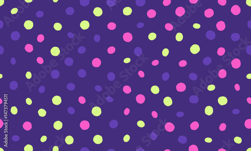 Vibrant, playful polka dot pattern in pastel pink, purple, and lime green on a deep purple background.  Perfect for textile design, website backgrounds, or playful branding.