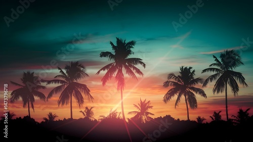 Tropical Paradise with Silhouette Palm Trees at Sunset, Offering Vacation, Travel and Summer Vibes with Vibrant Colors