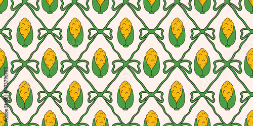 Summer. Seamless Trellis with corn bow and ribbon. Vector illustration of seamless corns pattern. Perfect Coquette style vegetables wrapping paper wall deco print template design. EPS 10