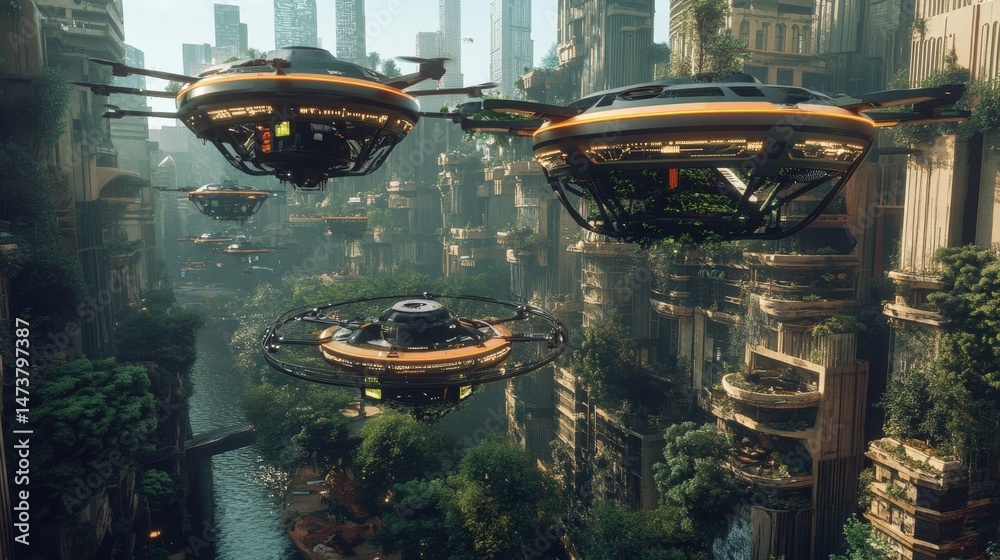Fototapeta premium Futuristic cityscape with aerial vehicles.