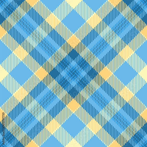African plaid pattern seamless, scrapbook textile texture check. Goose fabric tartan background vector in cyan and amber colors.
