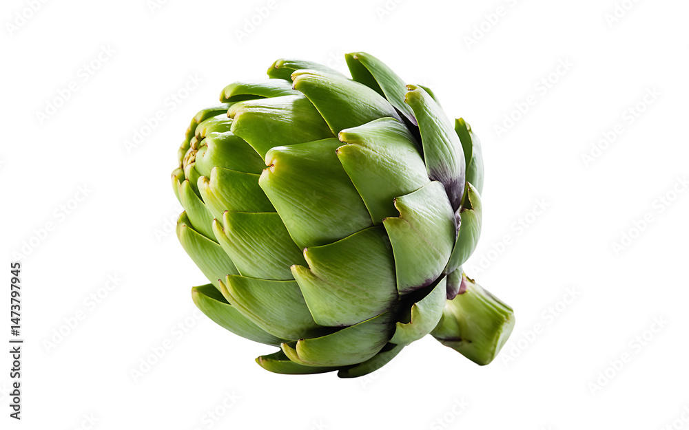 Obraz premium Fresh raw green artichoke isolated on white background showing detailed texture and natural appearance.