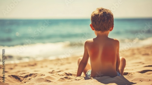 Child with painful sunburn sitting on the beach, needs summer skin care and sun protection