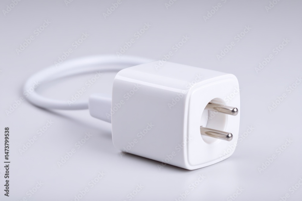 Fototapeta premium White square plug with cord isolated on a simple background, emphasizing clean and functional design.