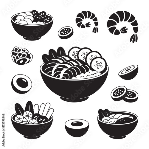 poke bowl collection. Salmon, cucumber, tomato, egg, shrimp and other vector