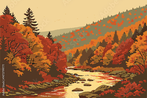 76 autumn landscape, dense forest, winding river, colorful trees, vibrant orange foliage, natural scenery, wilderness, reflective water, boulder-strewn riverbed, overcast sky, tranquil atmosphere