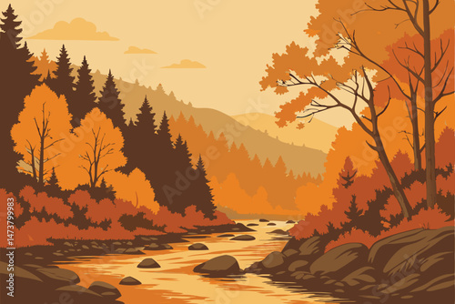 76 autumn landscape, dense forest, winding river, colorful trees, vibrant orange foliage, natural scenery, wilderness, reflective water, boulder-strewn riverbed, overcast sky, tranquil atmosphere