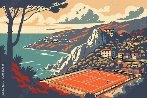 77 Picturesque coastal town, azure waters, rocky cliffs, vibrant orange tennis court, lush vegetation, idyllic Mediterranean landscape, dramatic sky with fluffy clouds, cinematic moody lighting, stunn