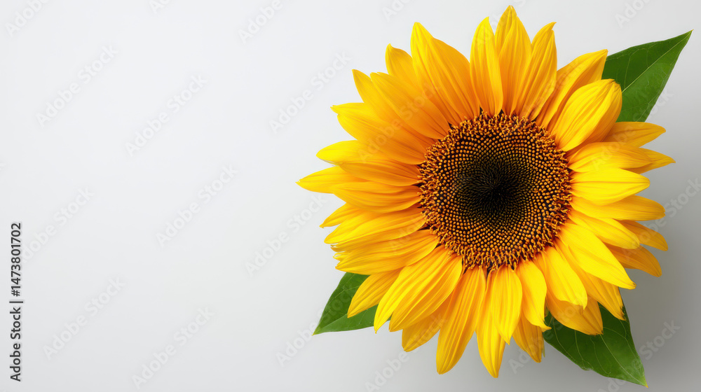 Fototapeta premium A vibrant sunflower blossom displays its radiant yellow petals and dark brown center, accented by fresh green leaves against a clean, bright white background.