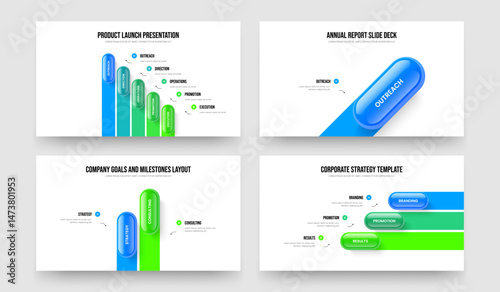 Advertising Review Five One Two Three Element Infographic Presentation Layout Vector Illustration Set. Sales Development 5 1 2 3 Step Diagram Slide Template Bundle.