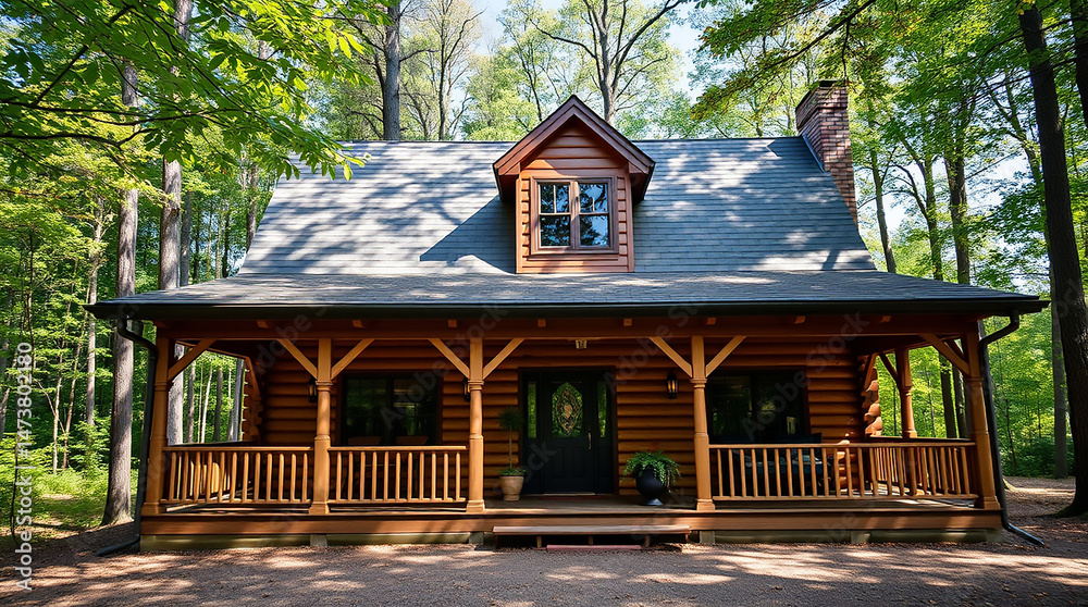 Naklejka premium Cozy Log Cabin in a Serene Forest Surrounded by Lush Green Trees