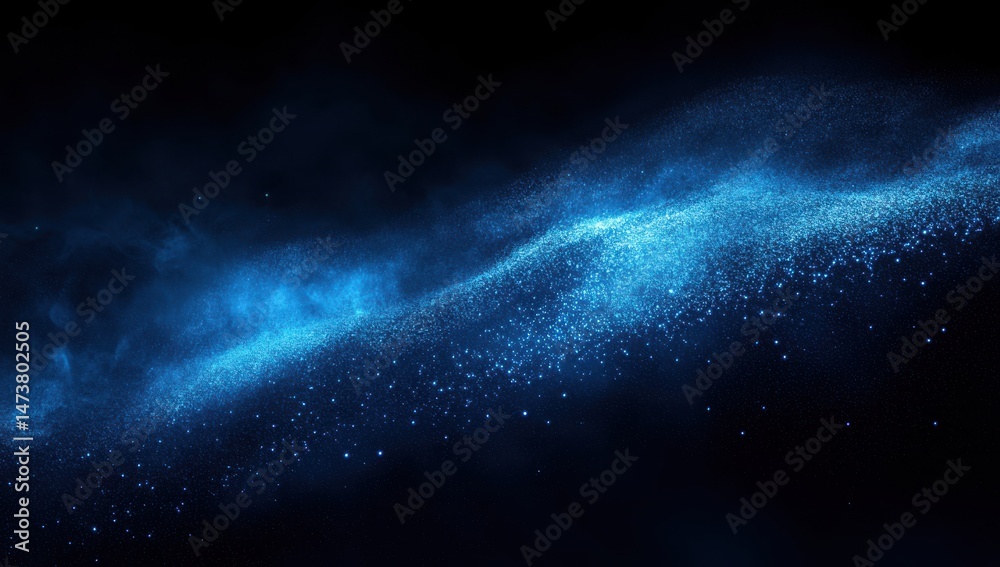 Fototapeta premium Abstract cosmic wave, swirling blue particles against black background. Detailed particle patterns and soft gradients