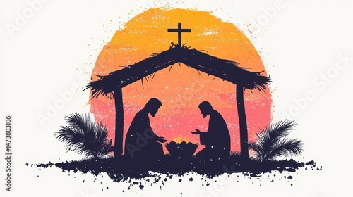 Jesus in manger clipart, nativity symbol, soft pastel illustration, warm tones, isolated on white background