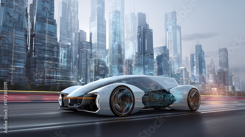 Autonomous car driving through futuristic smart city with tall intelligent buildings and advanced infrastructure, representing innovation, technology, urban mobility, and future transportation.