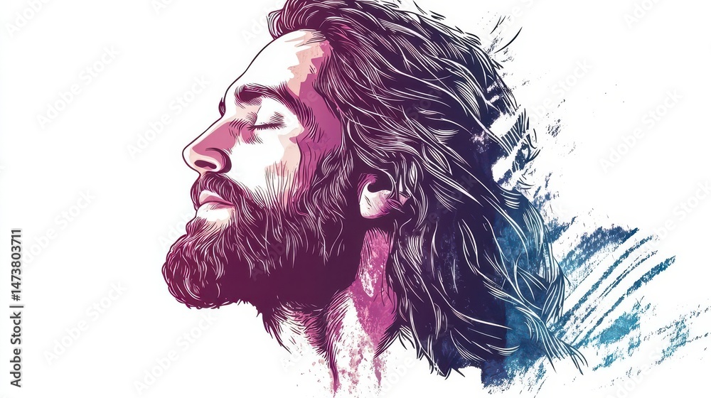 Fototapeta premium peaceful Jesus illustration clipart, calming energy, pastel sketch, minimal tones, isolated on white background
