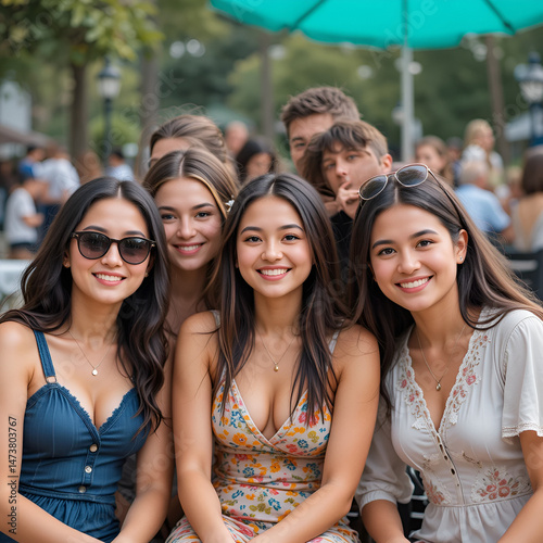 A group of friends or family members seated in a casual setting, possibly outdoors