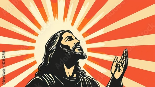 risen Jesus with rays clipart, resurrection theme, radiant vector, warm glow, isolated on white background