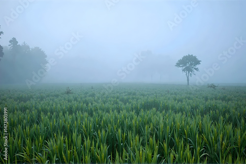 Layered mountains and misty rice paddies In style of dramatic compression photography For meditative visuals and scenic editorial use Telephoto depth and natural atmospheric gradient in layers