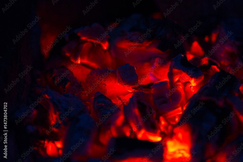 Coals of campfire in the forest closeup