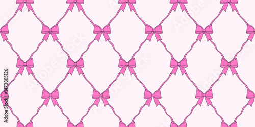 Coquette seamless Trellis with pink Bow and Ribbon, Perfect vector wallpaper fabric textile print background, Coquettish seamless pattern EPS 10