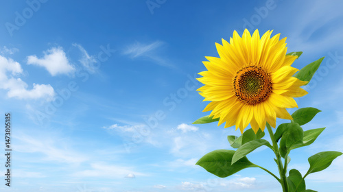 A vibrant yellow sunflower with green leaves reaches towards the bright blue sky dotted with fluffy white clouds on a beautiful sunny day in the summer season.
