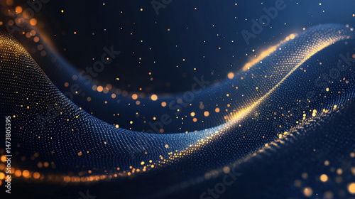 Abstract blue golden wave, glowing dotted curve, futuristic digital background