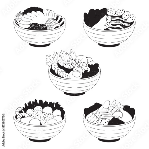poke bowl collection. Salmon, cucumber, tomato, egg, shrimp and other vector
