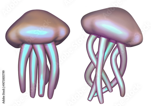 3D illustration of two iridescent jellyfish in soft shades of blue and purple, with a smooth, translucent bell and flowing tentacles.