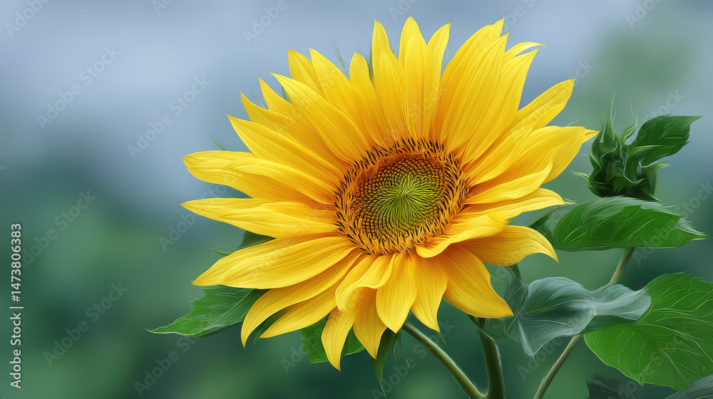 Fototapeta premium The vibrant sunflower, with its radiant yellow petals and verdant green leaves, reaches towards the sun in a tranquil natural setting offe summer's grace.