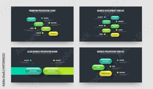 Professional Forecast 4 5 2 3 Step Infographic Slideshow Design Bundle. Financial Innovation Four Five Two Three Element Diagram Presentation Layout Vector Illustration Set.
