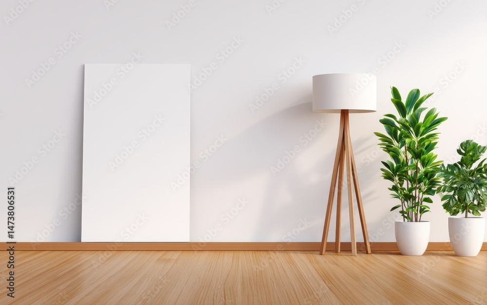 Fototapeta premium Modern interior featuring a blank canvas, stylish lamp, and vibrant plants in a serene setting