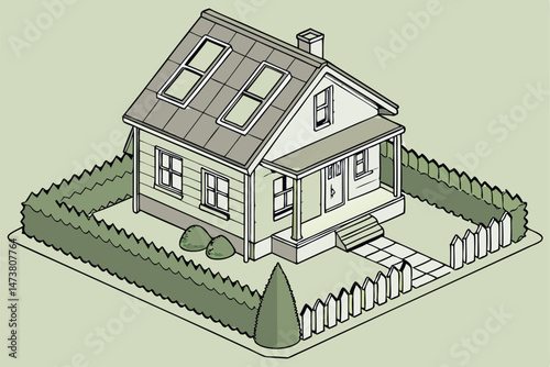 80 3d model, isometric illustration, small house with solar panels, white exterior, green lawn and bushes, picket fence, detailed architectural design