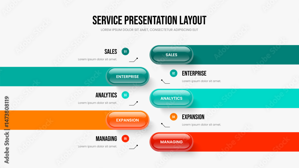 Fototapeta premium Visual Overview 5 Option Diagram Presentation Layout. Financial Profile Five Step Infographic Slide Design. Modern Proposal Slideshow Template Vector Illustration.