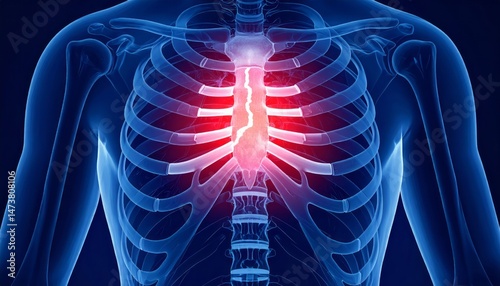 Rib cage pain anatomy medical illustration highlights sternum fracture and rib injury showing human bone structure with inflammation and injury
