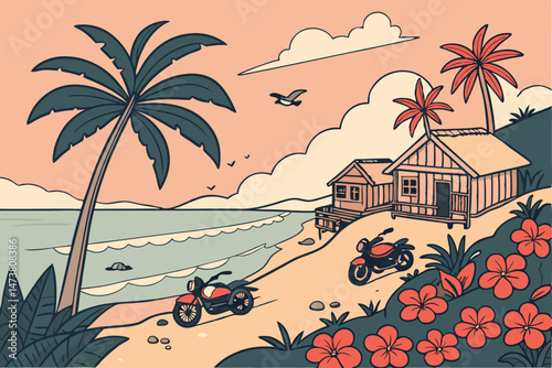 81 tropical beach scene, paradise tropical landscape, vintage motorcycles, bamboo huts, palm trees, tropical flowers, cloudy sunset sky, ocean waves, seashells, wildlife, adventure, wanderlust, explor