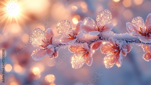 Sapphire crystals grow on the branches of a frost-covered tree, sparkling in the winter sunlight, a feeling of icy beauty and the magic of winter