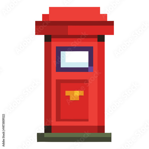 Pixel art red post box standing on a green base