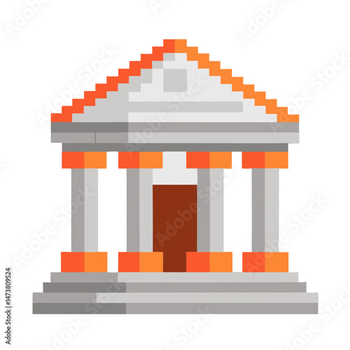 Pixel art illustration of bank building with columns and slanted roof design
