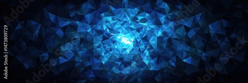 Deep blue, polygonal, abstract design.  A complex, intricate pattern of many small triangles creates a dark, almost glowing, blue focal point. The shades of blue vary, darkening towards the edges
