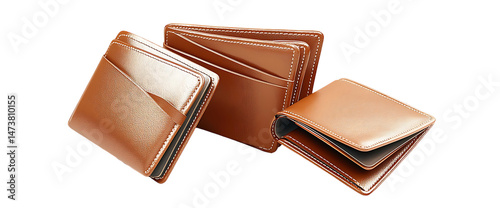 Assortment of leather wallets purses and other accessories displayed in a minimalist studio setting Showcasing vintage retro and premium fashion items