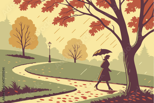 82 autumn landscape, park path, fallen leaves, woman with umbrella walking, rainy day, vivid fall foliage, moody atmosphere, golden light, trees in background, lush greenery, peaceful scene