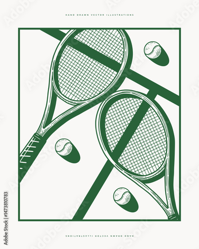 Tennis rackets and balls on tennis court. Hand drawn vector illustration with frame. Sports and recreation concept for design, poster, banner, and print.