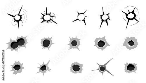 Bullet hole gun shot weapon mark silhouette, impact gun, bullet hole gunshot. Damage from shoot.