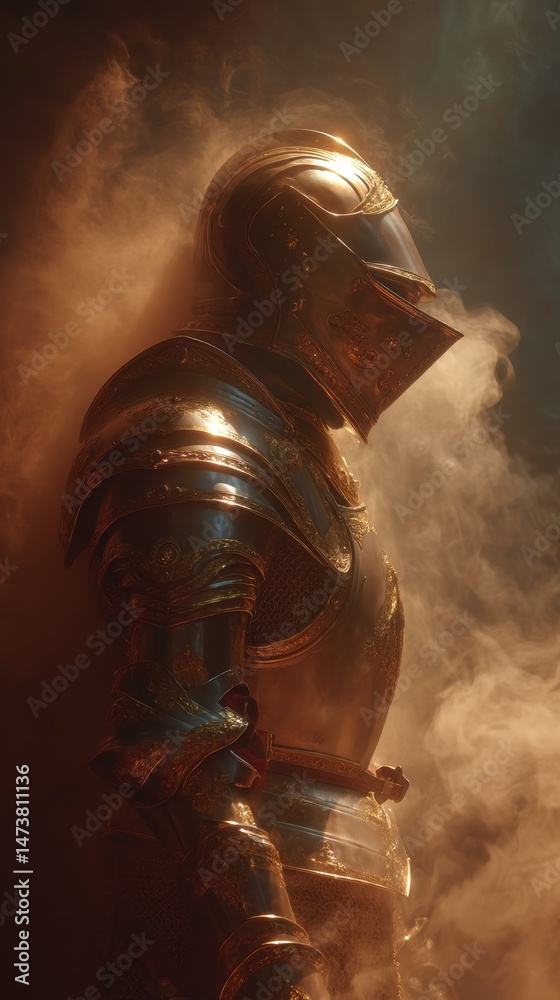 Fototapeta premium Medieval knight in ornate armor surrounded by rising smoke and dramatic lighting.